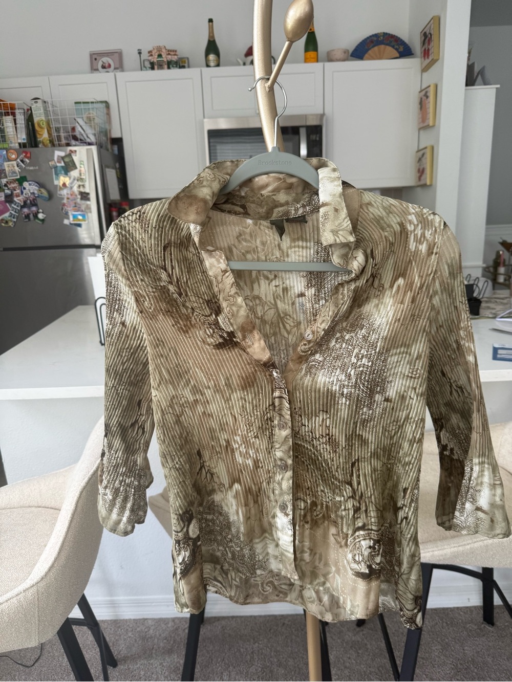 Women's Olive-Tone Button Down Blouse - Lightweight Textured Style